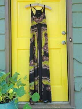 EVOVORRO Halter Maxi Dress Small Pockets Greek Key Chain Print Empire Waist